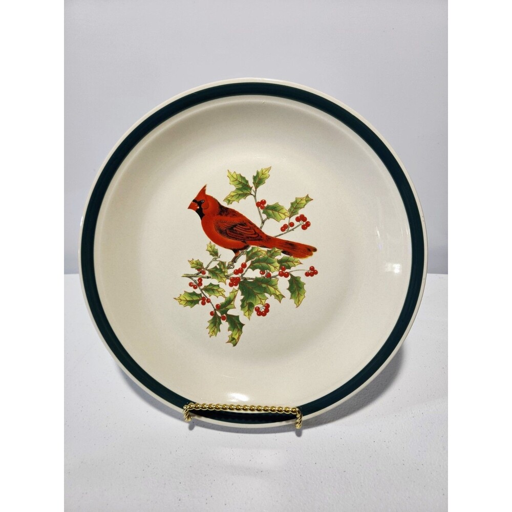 Thomson Pottery Cardinal Dinner Plate Christmas Holly Berries Green Trim 10.25"